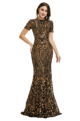 Black Gold Modest Maxi Fitted Gala Formal Evening Dress EN5010